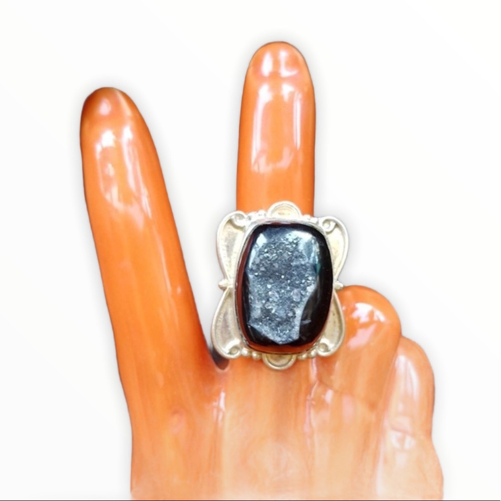 Sterling Silver black druzy ring Indian Chunky Big cocktail retro boho gypsy 8